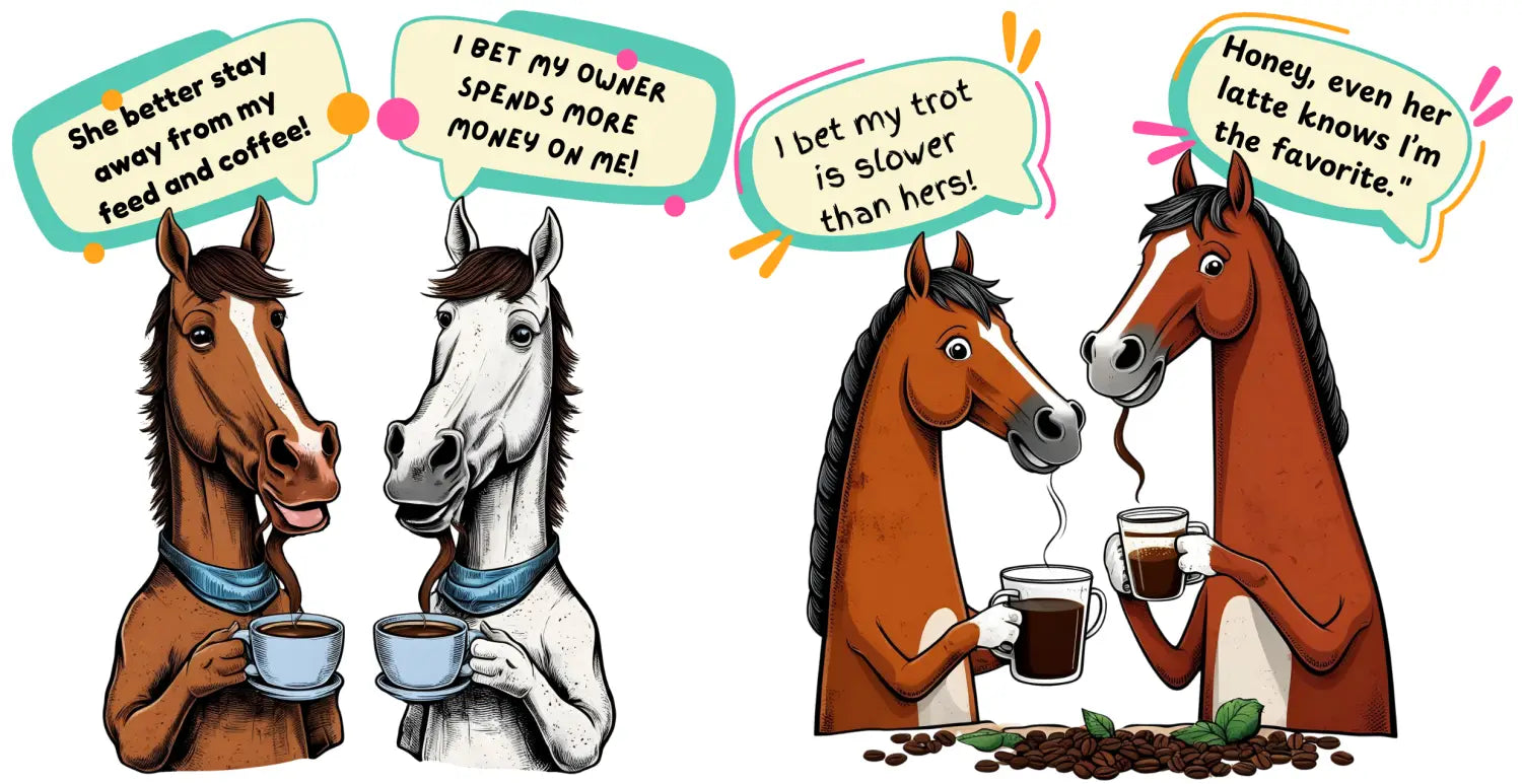 Cartoon horses drinking coffee and gossiping on a Humorous Horse Coffee Mug 15oz