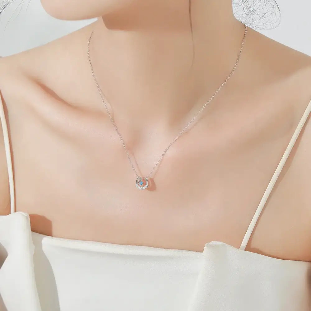Horseshoe Necklace Real 925 Sterling Silver Lucky Horseshoe Cubic Zirconia Pendant For Women U shaped Jewelry Gift Blue