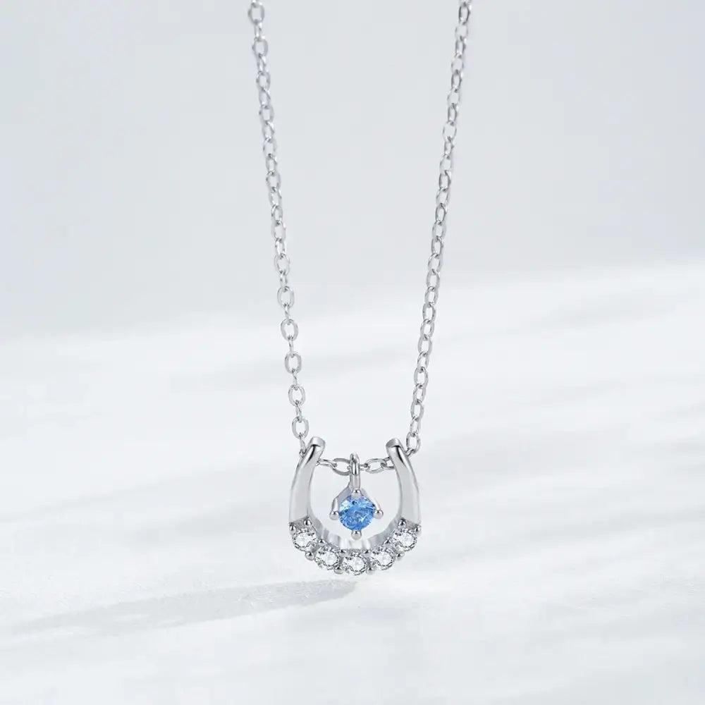 Horseshoe Necklace Real 925 Sterling Silver Lucky Horseshoe Cubic Zirconia Pendant For Women U shaped Jewelry Gift Blue