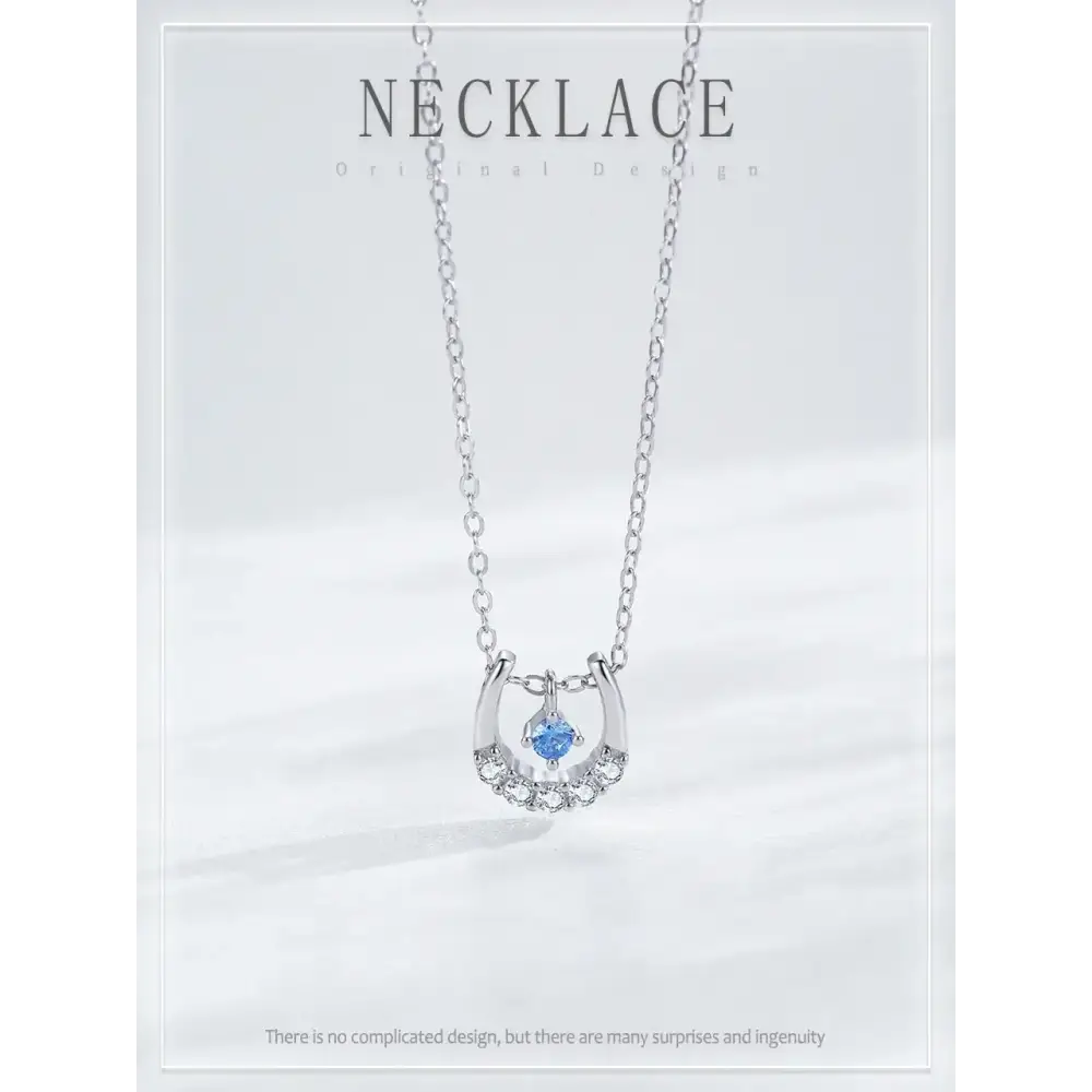 Horseshoe Necklace Real 925 Sterling Silver Lucky Horseshoe Cubic Zirconia Pendant For Women U shaped Jewelry Gift Blue