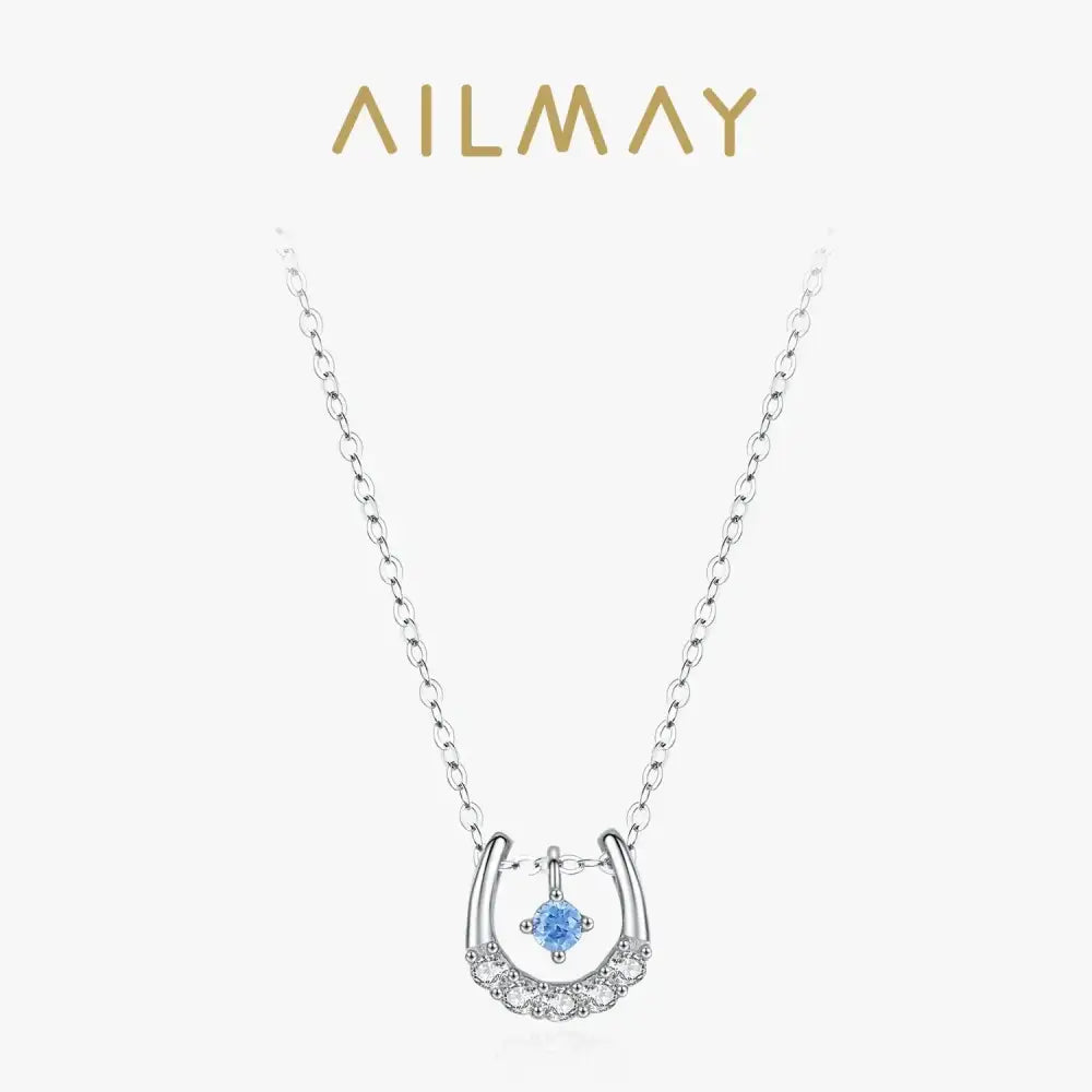 Horseshoe Necklace Real 925 Sterling Silver Lucky Horseshoe Cubic Zirconia Pendant For Women U shaped Jewelry Gift Blue