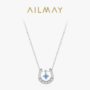 Horseshoe Necklace Real 925 Sterling Silver Lucky Horseshoe Cubic Zirconia Pendant For Women U shaped Jewelry Gift Blue