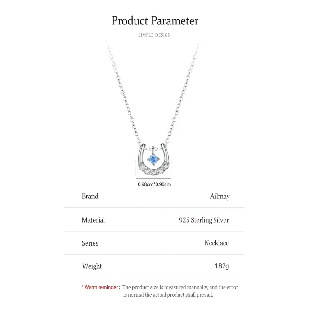 Horseshoe Necklace Real 925 Sterling Silver Lucky Horseshoe Cubic Zirconia Pendant For Women U shaped Jewelry Gift Blue