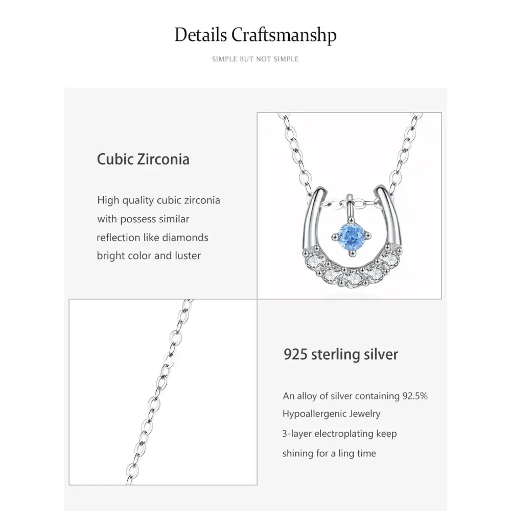 Horseshoe Necklace Real 925 Sterling Silver Lucky Horseshoe Cubic Zirconia Pendant For Women U shaped Jewelry Gift Blue