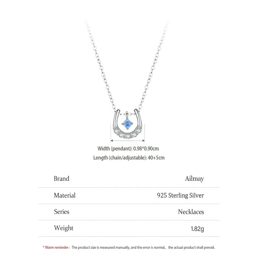 Horseshoe Necklace Real 925 Sterling Silver Lucky Horseshoe Cubic Zirconia Pendant For Women U shaped Jewelry Gift Blue
