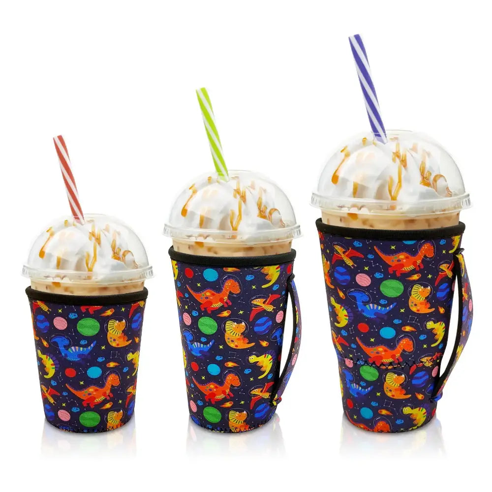 Iced Drink Sleeves Western Reusable Coolie Sleeve Neoprene Insulator Sleeve for Iced drinks 3 sizes 3pc Pk - Dinosaur