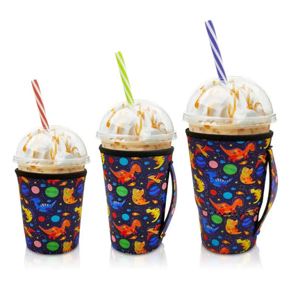 Iced Drink Sleeves Western Reusable Coolie Sleeve Neoprene Insulator Sleeve for Iced drinks 3 sizes 3pc Pk - Dinosaur