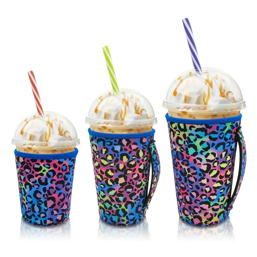Iced Drink Sleeves Western Reusable Coolie Sleeve Neoprene Insulator Sleeve for Iced drinks 3 sizes 3pc Pk Blue Cheetah