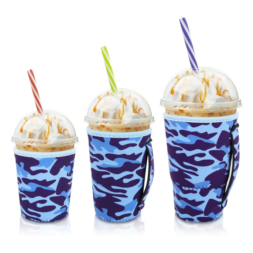 Iced Drink Sleeves Western Reusable Coolie Sleeve Neoprene Insulator Sleeve for Iced drinks 3 sizes 3pc Pk Blue Camo