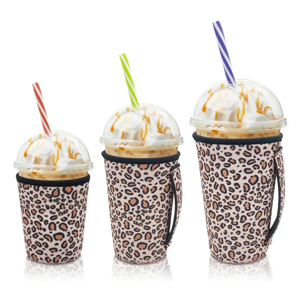 Iced Drink Sleeves Western Reusable Coolie Sleeve Neoprene Insulator Sleeve for Iced drinks 3 sizes 3pc Pk - Leopard