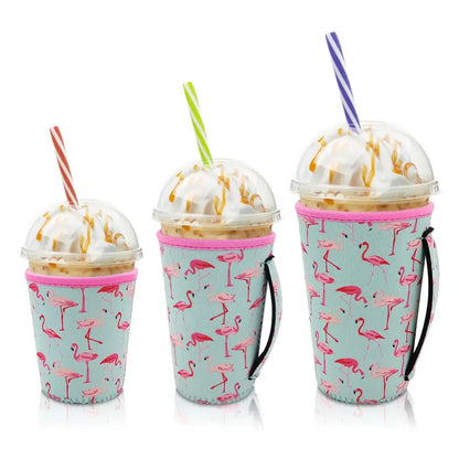 Iced Drink Sleeves Western Reusable Coolie Sleeve Neoprene Insulator Sleeve for Iced drinks 3 sizes 3pc Pk - Flamingo