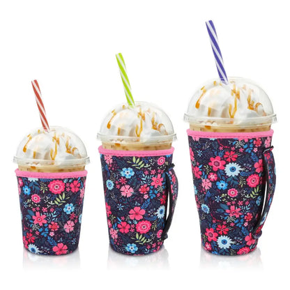 Iced Drink Sleeves Western Reusable Coolie Sleeve Neoprene Insulator Sleeve for Iced drinks 3 sizes 3pc Pk - Flower