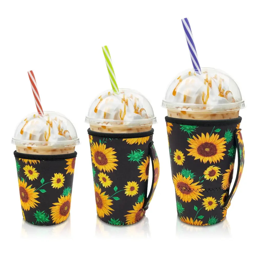Iced Drink Sleeves Western Reusable Coolie Sleeve Neoprene Insulator Sleeve for Iced drinks 3 sizes 3pc Pk Sunflower