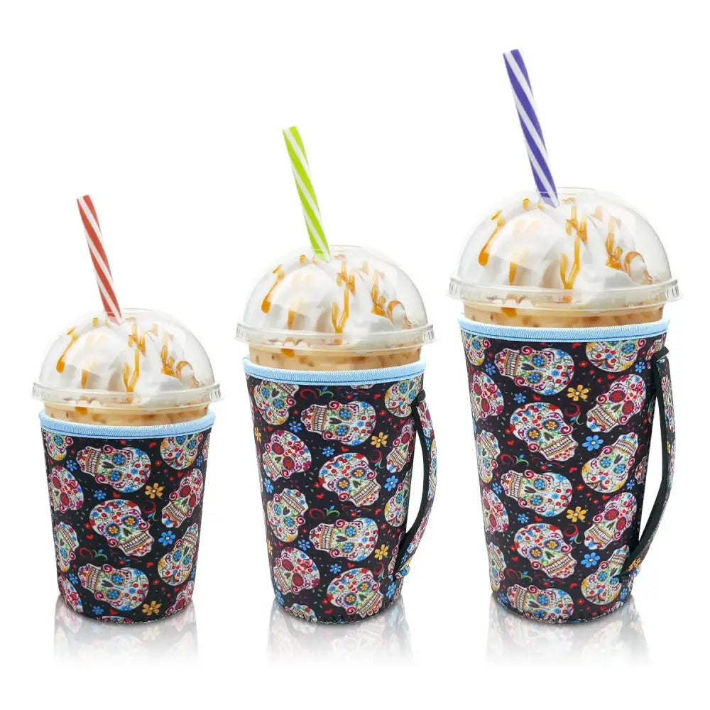 Iced Drink Sleeves Western Reusable Coolie Sleeve Neoprene Insulator Sleeve for Iced drinks 3 sizes 3pc Pk Sugar Skull