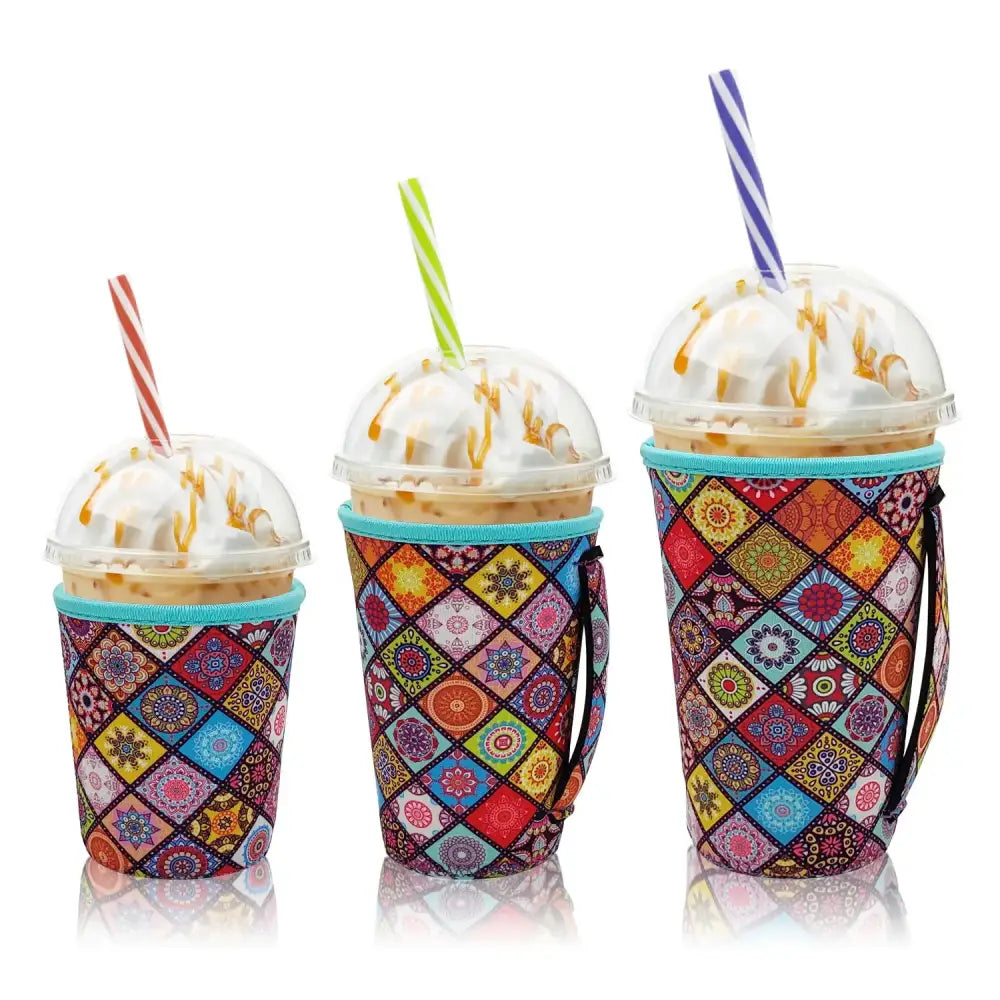 Iced Drink Sleeves Western Reusable Coolie Sleeve Neoprene Insulator Sleeve for Iced drinks 3 sizes 3pc Pk - Mandala