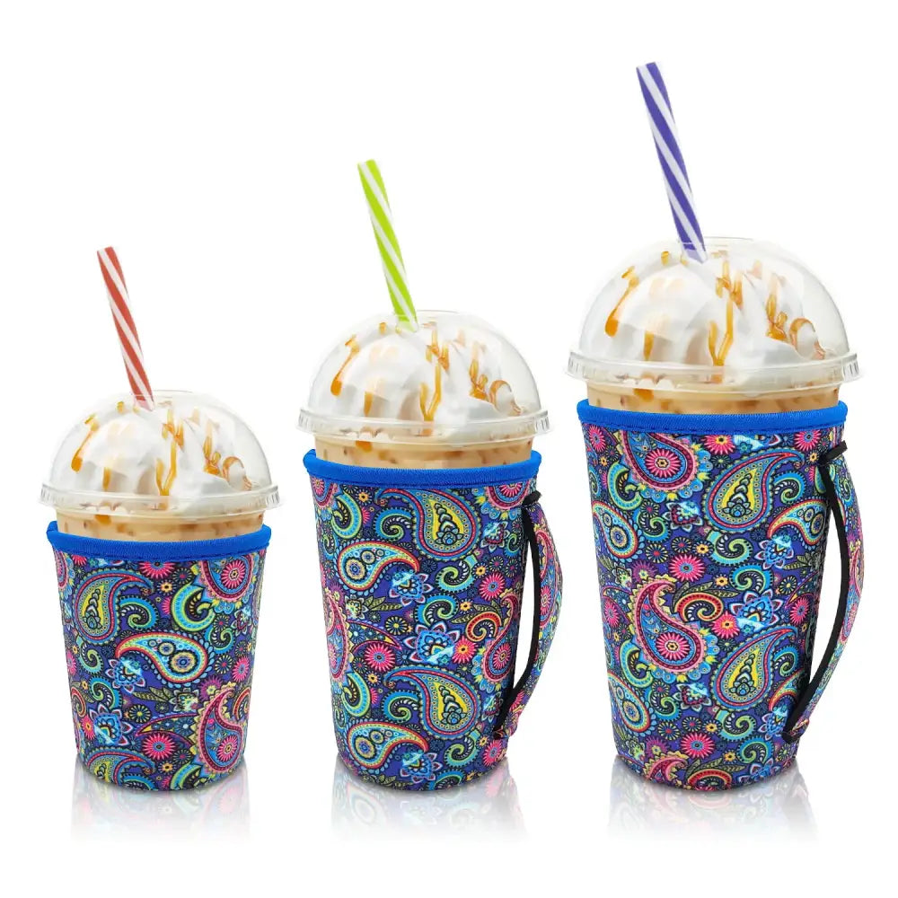 Iced Drink Sleeves Western Reusable Coolie Sleeve Neoprene Insulator Sleeve for Iced drinks 3 sizes 3pc Pk Paisley