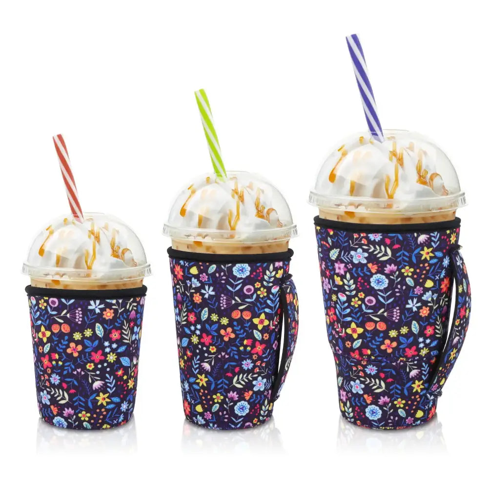 Iced Drink Sleeves Western Reusable Coolie Sleeve Neoprene Insulator Sleeve for Iced drinks 3 sizes 3pc Pk Small Flower