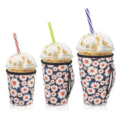 Iced Drink Sleeves Western Reusable Coolie Sleeve Neoprene Insulator Sleeve for Iced drinks 3 sizes 3pc Pk - Daisy