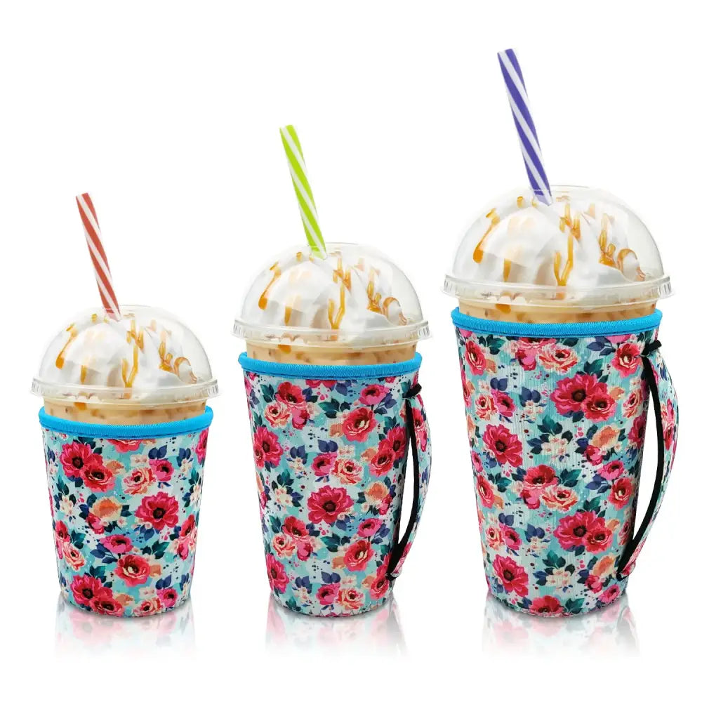 Iced Drink Sleeves Western Reusable Coolie Sleeve Neoprene Insulator Sleeve for Iced drinks 3 sizes 3pc Pk Blue Floral