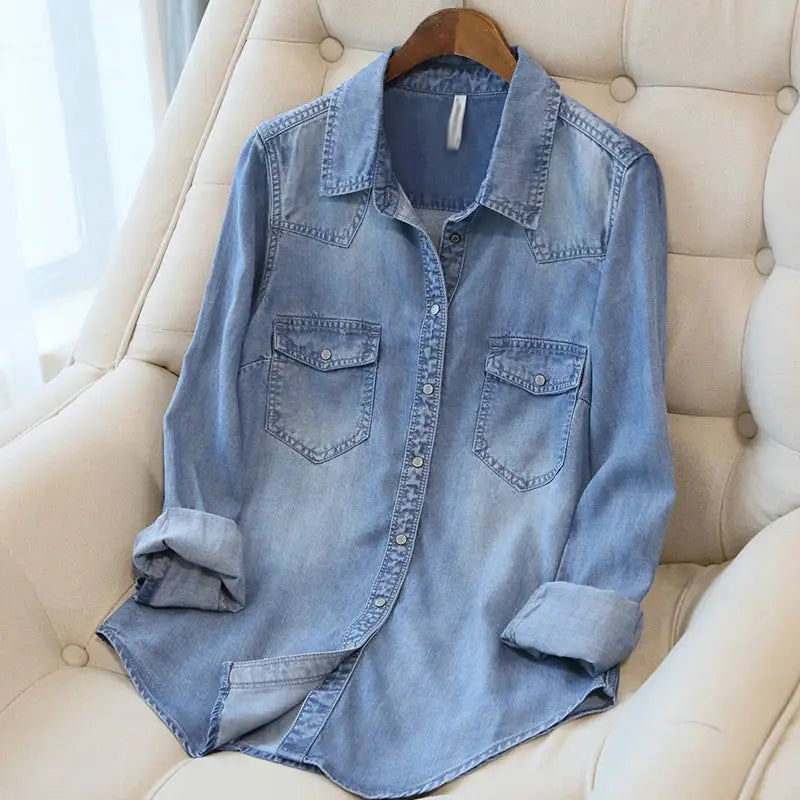 Long Sleeve Denim Shirt for Women 100% Lyocell Western Blouse Denim Apparel for Women Apparel
