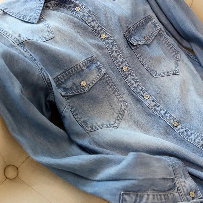 Long Sleeve Denim Shirt for Women 100% Lyocell Western Blouse Denim Apparel for Women Apparel