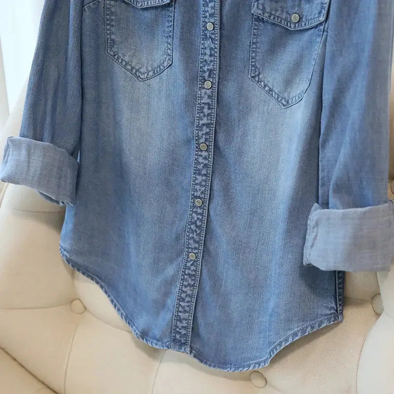 Long Sleeve Denim Shirt for Women 100% Lyocell Western Blouse Denim Apparel for Women Apparel