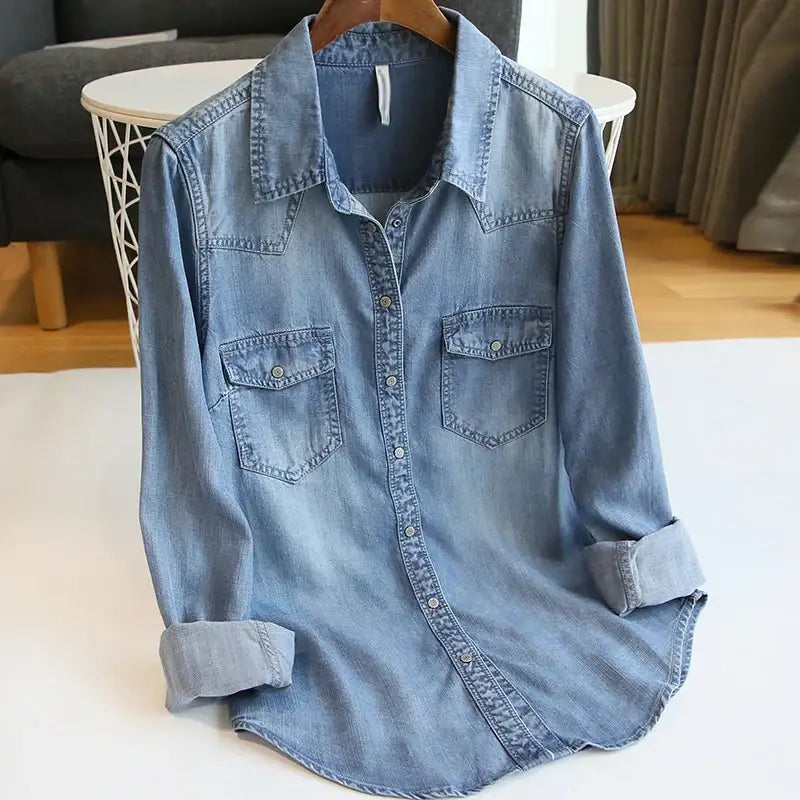 Long Sleeve Denim Shirt for Women 100% Lyocell Western Blouse Denim Apparel for Women Blue / XXL Apparel