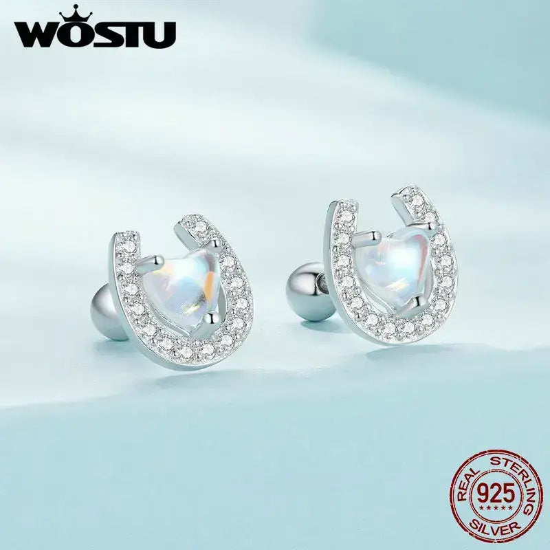 Lucky Horseshoe Stud Earrings 925 Sterling Silver Earrings Moonstone Zircon Fine Gifts for Her CQE1612 Jewelry