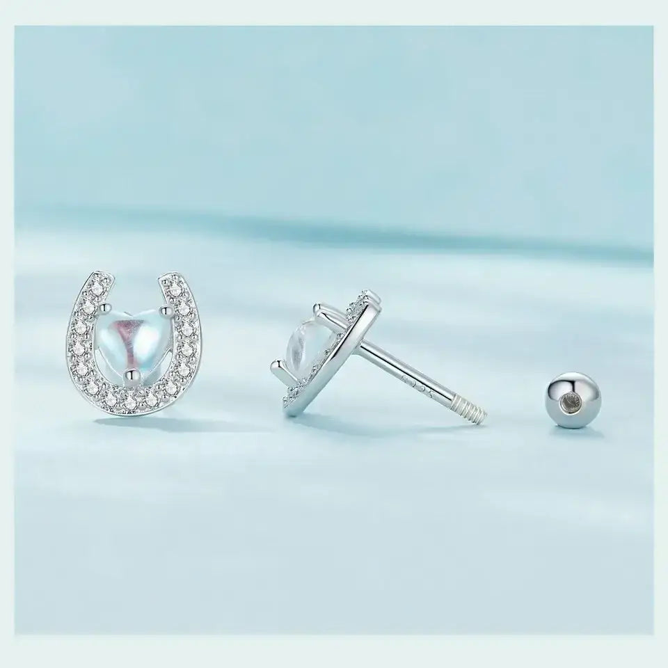 Lucky Horseshoe Stud Earrings 925 Sterling Silver Earrings Moonstone Zircon Fine Gifts for Her CQE1612 Jewelry