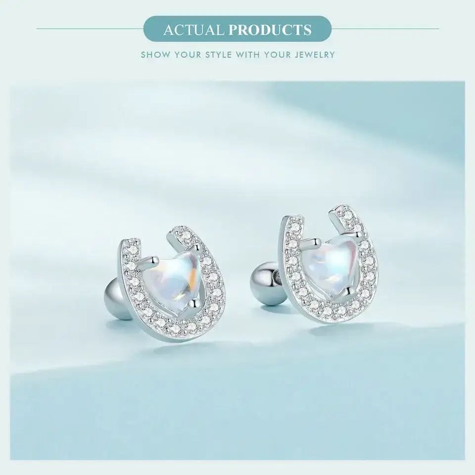 Lucky Horseshoe Stud Earrings 925 Sterling Silver Earrings Moonstone Zircon Fine Gifts for Her CQE1612 Jewelry