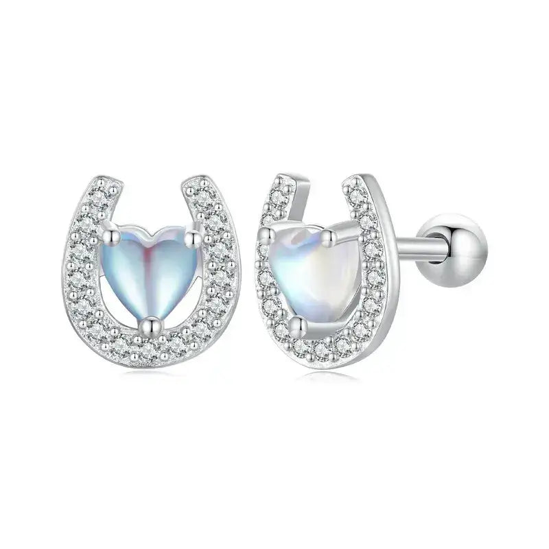 Lucky Horseshoe Stud Earrings 925 Sterling Silver Earrings Moonstone Zircon Fine Gifts for Her CQE1612 Jewelry