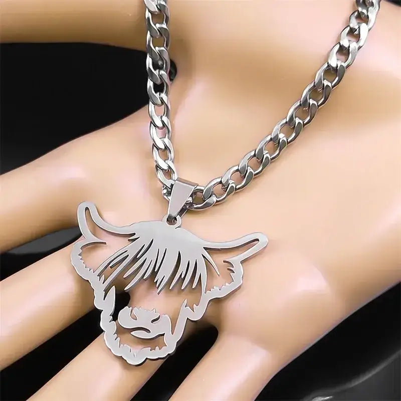 Nordic Highland Cattle Cow Pendant Necklace Stainless Steel Silver Color Animal Necklaces Jewelry Gifts 60cm 23.6