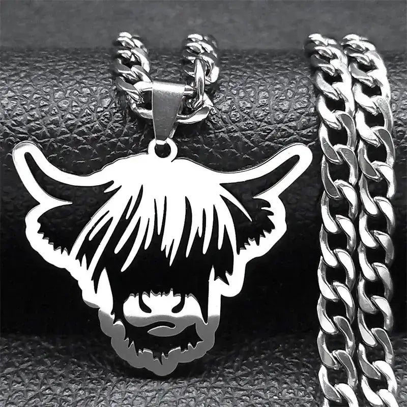 Nordic Highland Cattle Cow Pendant Necklace Stainless Steel Silver Color Animal Necklaces Jewelry Gifts 60cm 23.6