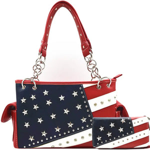 Patriotic PU Leather Matching Purse and Wallet Set Patriotic Gifts Shoulder Bags - Red - Bags