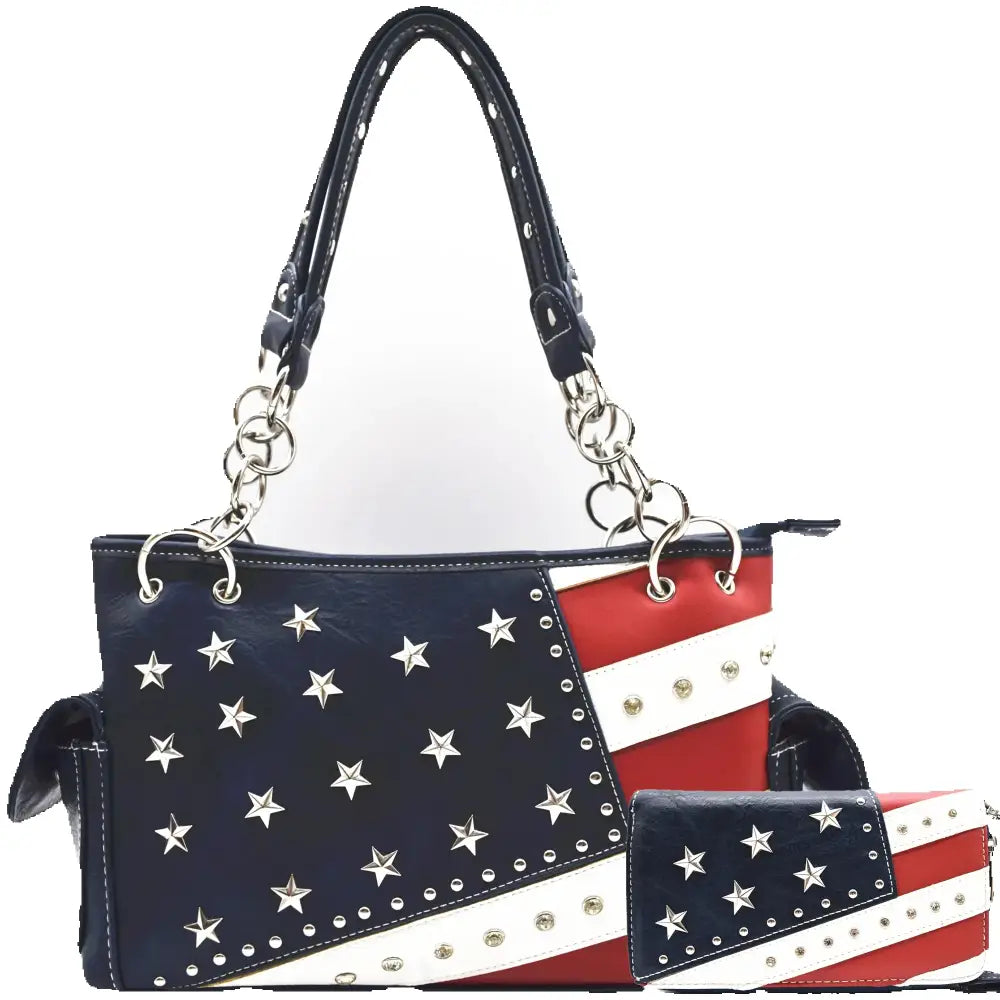 Patriotic PU Leather Matching Purse and Wallet Set Patriotic Gifts Shoulder Bags - Blue - Bags