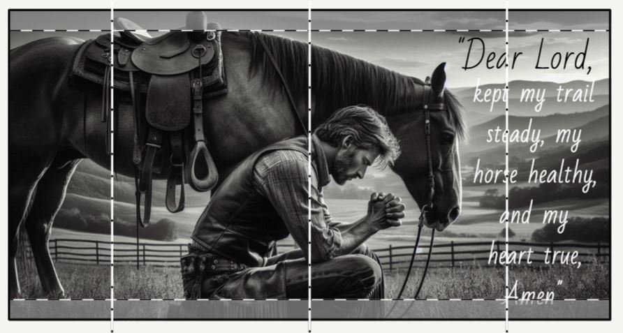 Praying Cowboy with horse on rustic 15oz Western theme coffee mug for inspirational decor
