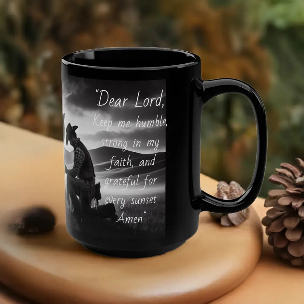 Praying Cowboy and Horse Black Mug Western Kitchen Decor Inspirational Sunset Gift Ideas 15oz 15oz Mugs