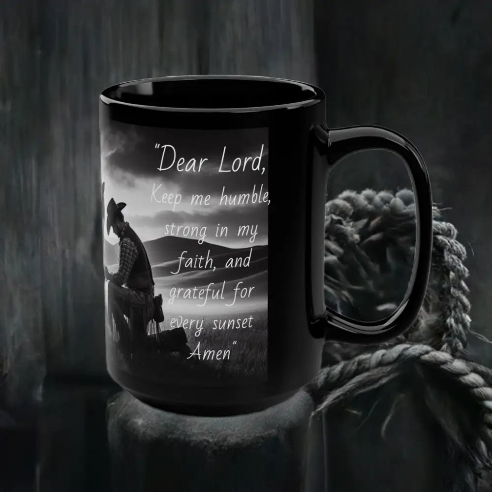 Praying Cowboy and Horse Black Mug Western Kitchen Decor Inspirational Sunset Gift Ideas 15oz 15oz Mugs