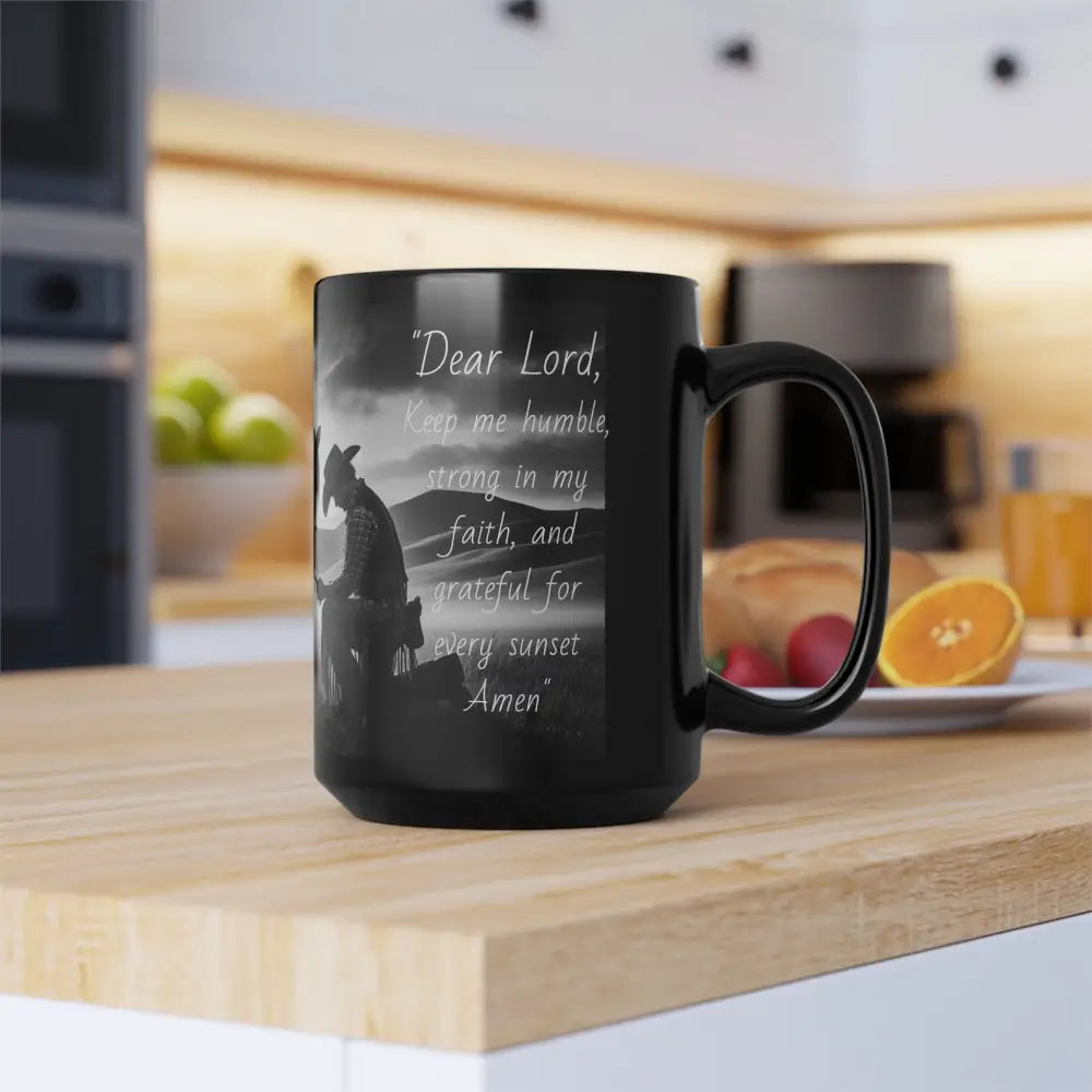 Praying Cowboy and Horse Black Mug Western Kitchen Decor Inspirational Sunset Gift Ideas 15oz 15oz Mugs