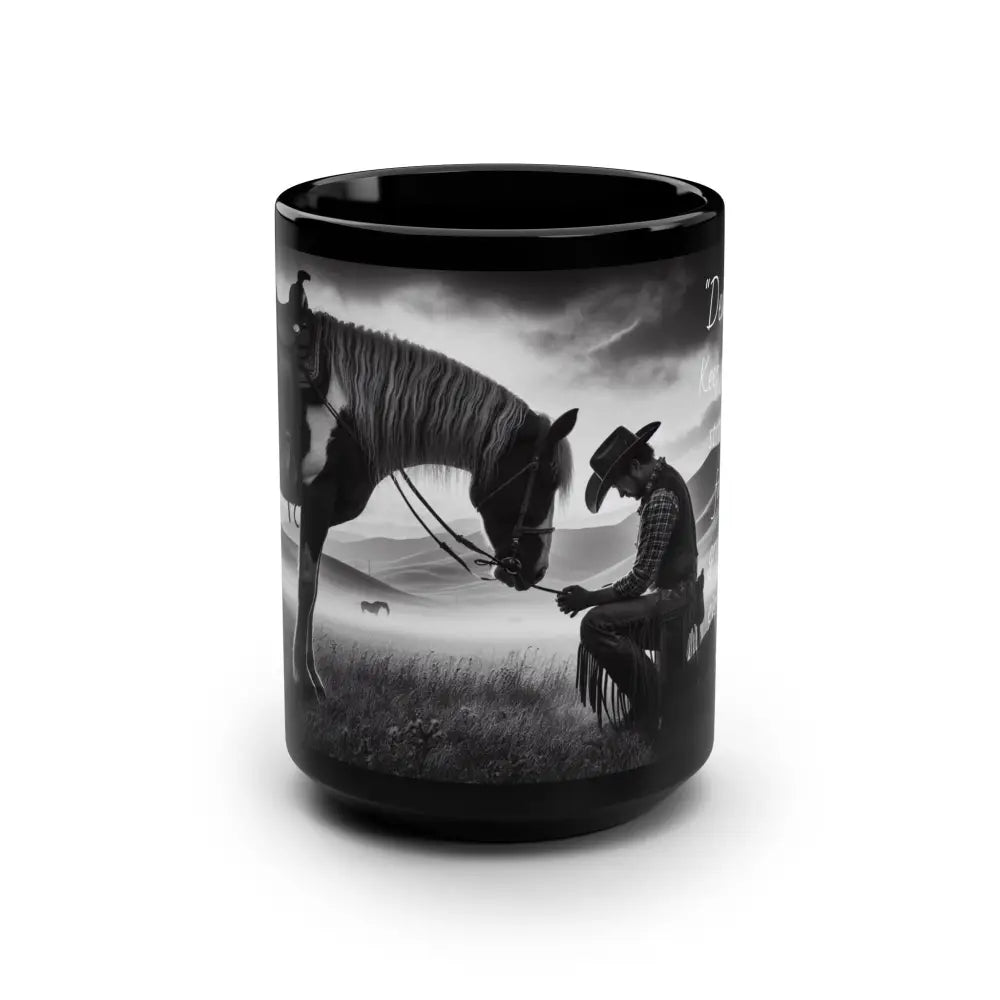 Praying Cowboy and Horse Black Mug Western Kitchen Decor Inspirational Sunset Gift Ideas 15oz 15oz Mugs