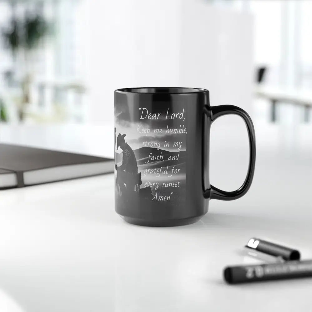 Praying Cowboy and Horse Black Mug Western Kitchen Decor Inspirational Sunset Gift Ideas 15oz 15oz Mugs