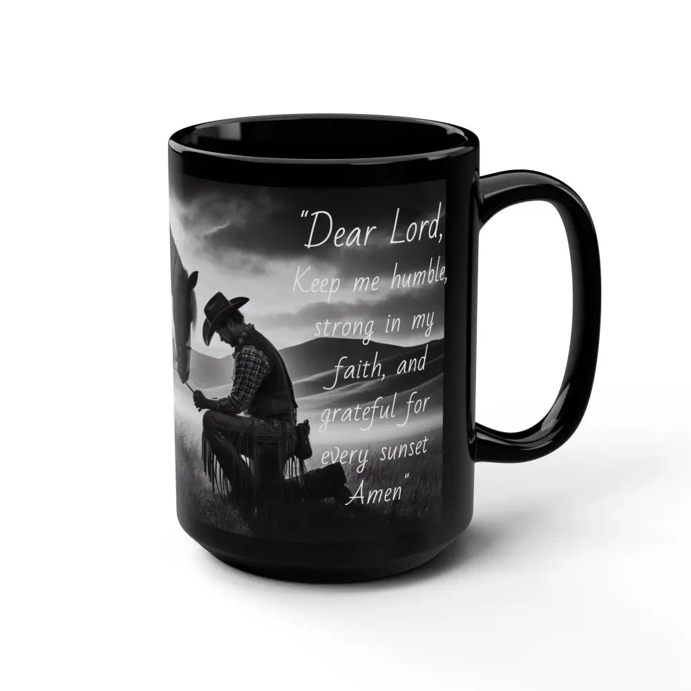 Praying Cowboy and Horse Black Mug Western Kitchen Decor Inspirational Sunset Gift Ideas 15oz 15oz Mugs