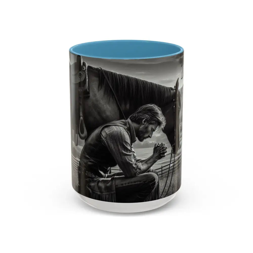 Praying Cowboy Inspirational Coffee Mug Rustic Kitchen Decor Western Theme Mug 15oz - 15oz / Light Blue - Mug