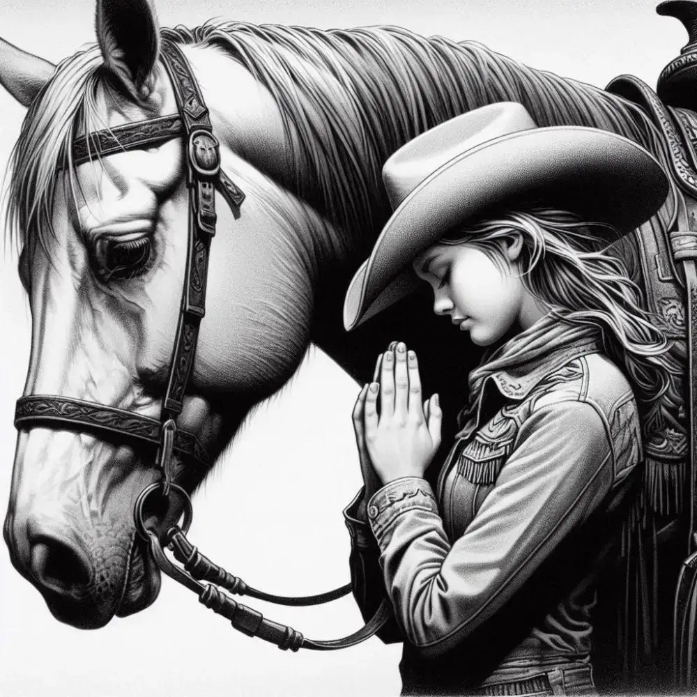 Monochrome horse and cowgirl portrait on Praying Cowgirl Pillow for Western decor
