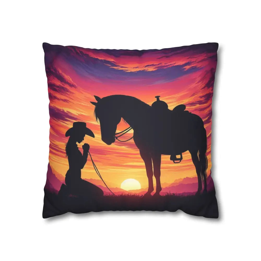 Praying Cowgirl Square Pillowcase - Cowgirl and Horse with Sunset 2-Sided Design 4 Sizes - 16’’ × 16’’ - Home Decor