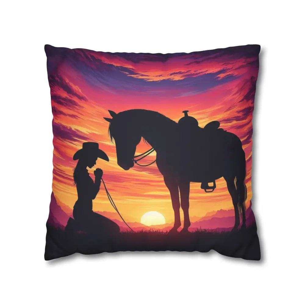 Praying Cowgirl Square Pillowcase - Cowgirl and Horse with Sunset 2-Sided Design 4 Sizes - 18’’ × 18’’ - Home Decor