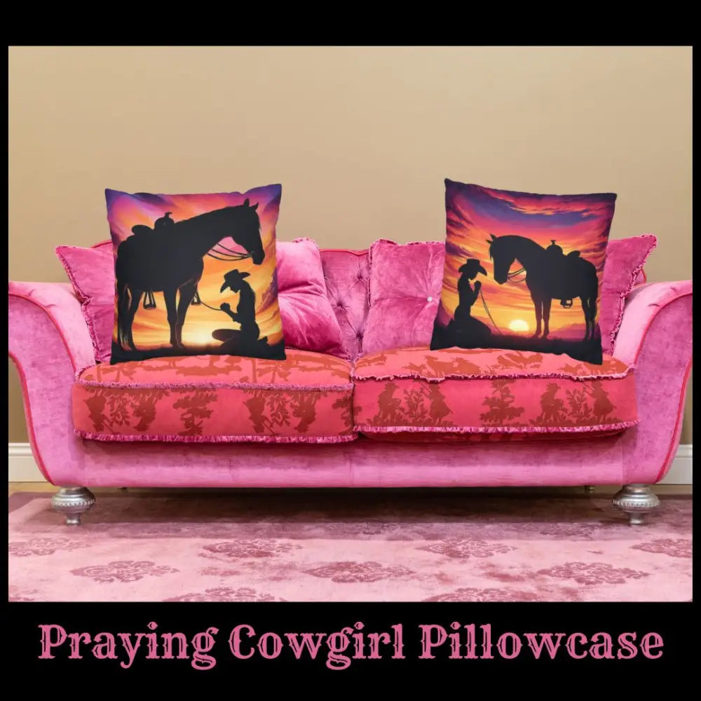 Praying Cowgirl Square Pillowcase - Cowgirl and Horse with Sunset 2-Sided Design 4 Sizes - Home Decor