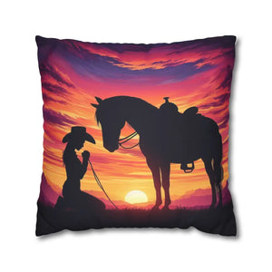 Praying Cowgirl Square Pillowcase - Cowgirl and Horse with Sunset 2-Sided Design 4 Sizes - 20’’ × 20’’ - Home Decor
