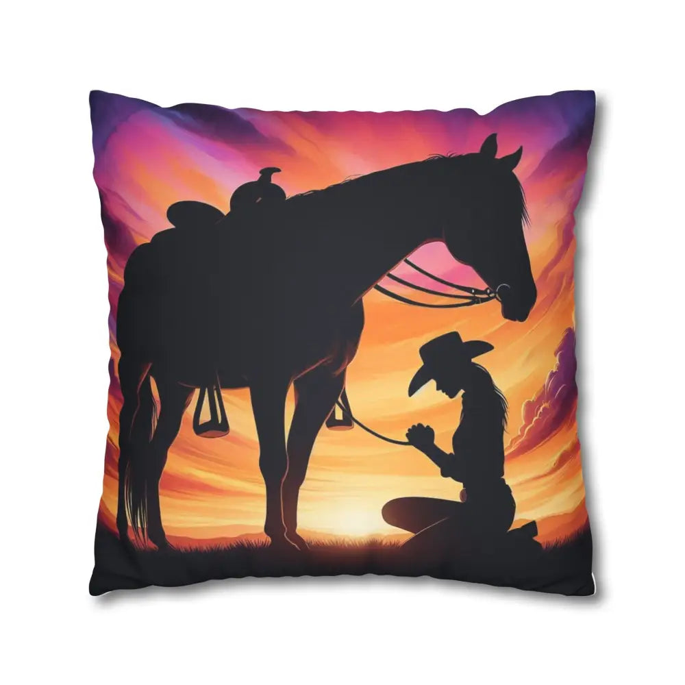Praying Cowgirl Square Pillowcase - Cowgirl and Horse with Sunset 2-Sided Design 4 Sizes - Home Decor