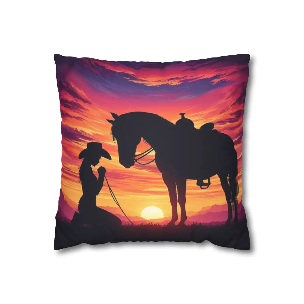 Praying Cowgirl Square Pillowcase - Cowgirl and Horse with Sunset 2-Sided Design 4 Sizes - 14’’ × 14’’ - Home Decor